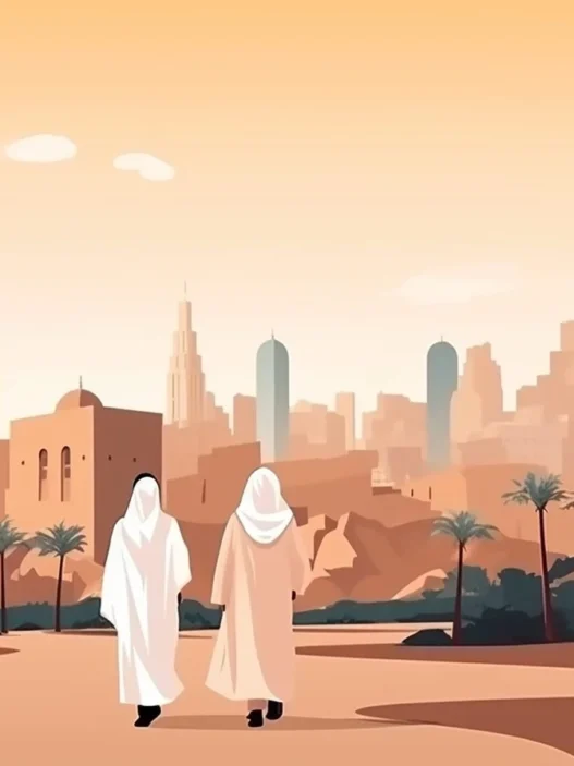 Two travelers walk through a modern city, symbolizing international business connections and global B2B opportunities, aligned with Sales Halls’ mission to link buyers and suppliers worldwide.